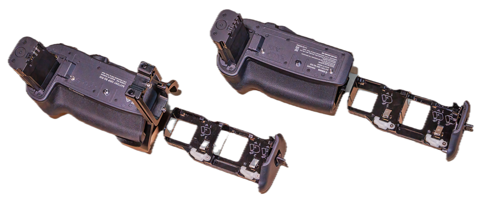 Batteriegriff BG-R10 (links) und Batteriegriff BG-R20 (rechts) mit den identischen Batteriemagazinen BGM-R10