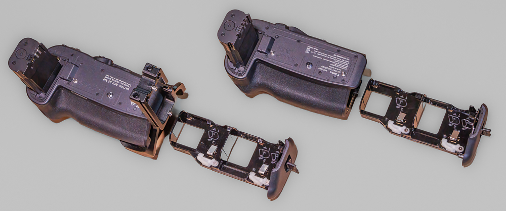 Batteriegriff BG-R10 (links) und Batteriegriff BG-R20 (rechts) mit den identischen Batteriemagazinen BGM-R10