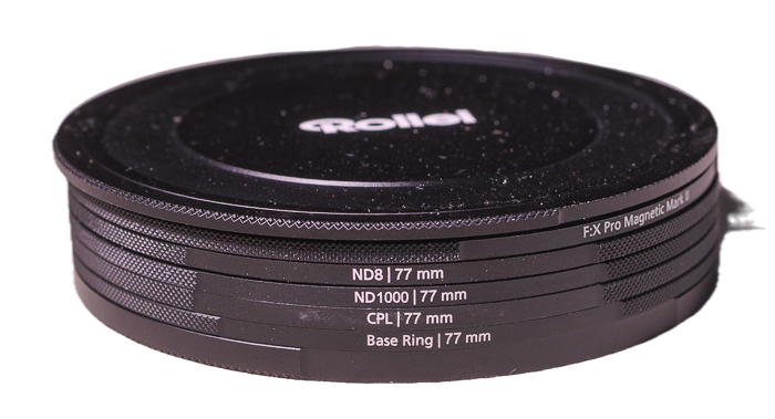 Rollei F:X Pro magnetisches Filter-Set mit Basering, CPL, ND0.9 (8x), ND1.8 (64x), und ND9 (1000x) mit 77 mm Filterdurchmesser.Auf diesen Filtern ist hinter dem "ND" gleich der Verl&auml;ngerungsfaktor angegeben, umgekehrt wie bei den Haida-Filtern 